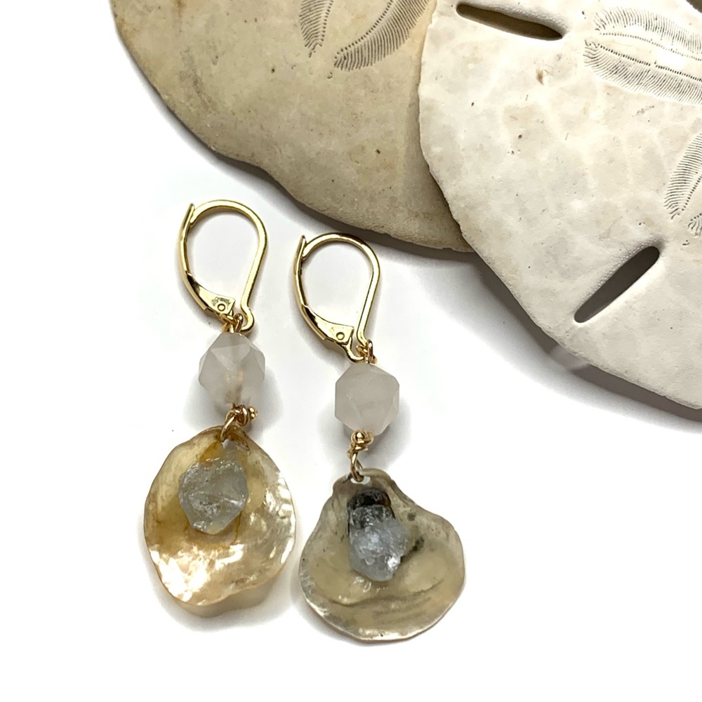 Rare + Sea Shell Rose Quartz + Celestine 18k Gold Filled Latch Back Earrings